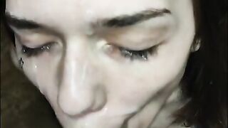 Brown eyes beauty girl loves cum on face