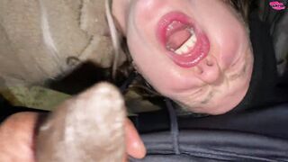 Homless woman poked in the face with a cock