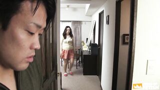 Busty Japanese wife blows her husband to make him feel better