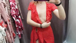 Girl with a Perfect Body, Plays with her Pussy in the Fitting Room, Public Masturbation (girl in Red