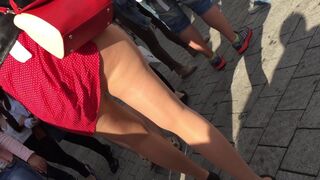 Lady in red dress and nude pantyhose upskirt oopsy