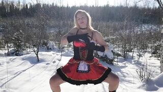 Little Red Riding Hood hopping out to pee in the snow when filming porn in the Finnish forest