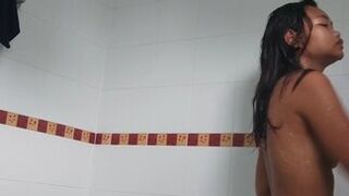 Cute girl play her body in bathroom. Homemade video