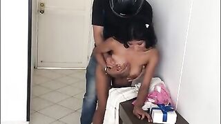 Sexy model is fucked on a table by the pizza delivery man