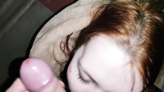 A quick blowjob in secret from her husband and cum in her mouth