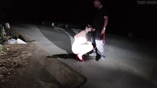 Leashed submissive wife pee on the road