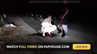 Leashed submissive wife pee on the road