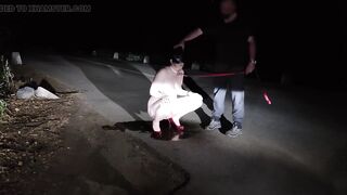 Leashed submissive wife pee on the road