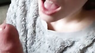 Good Girl on her Knees Sucking and Swallowing. Cum in Mouth