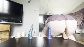 BBW milf rides 4 different dildos hard