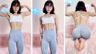 Adorable petite and nerdy Asian muscle girl flexes for you in leggings