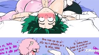 Uraraka and Ashido fuck Deku's huge cock xxx