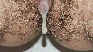 Pissing girl after creampie sex | Cum dripping hairy pussy close up