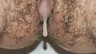 Pissing girl after creampie sex | Cum dripping hairy pussy close up