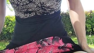 this slut pisses on his cock and gets cum on in a public garden