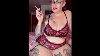 BBW stepmom MILF wake and bake 420 smoking fetish in red and black lingerie