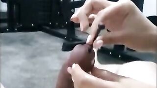 Rough Femdom Urethral Sounding of Slave Cock in the Gym with 12 Inch Dilators, Handjob, Huge Cumshot